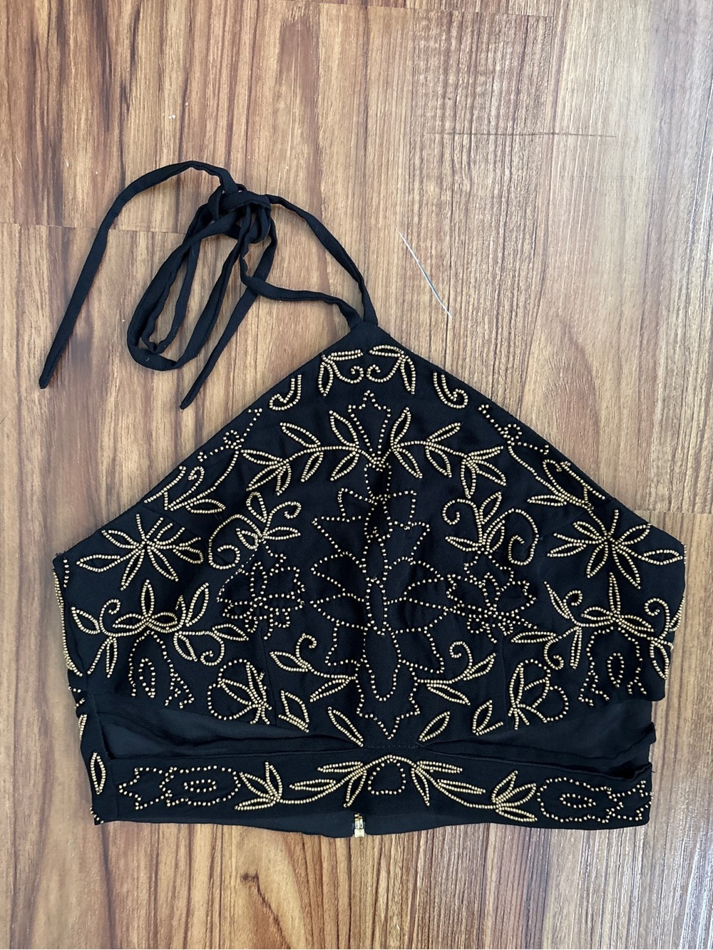 Topshop Black Beaded Halter Crop Top with Cutouts